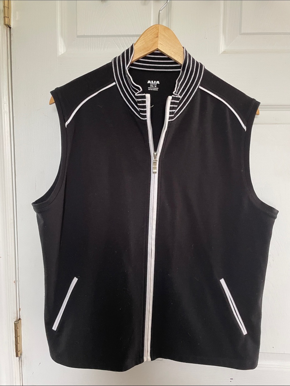 Alba Black Vest with White Trim and Striped Collar